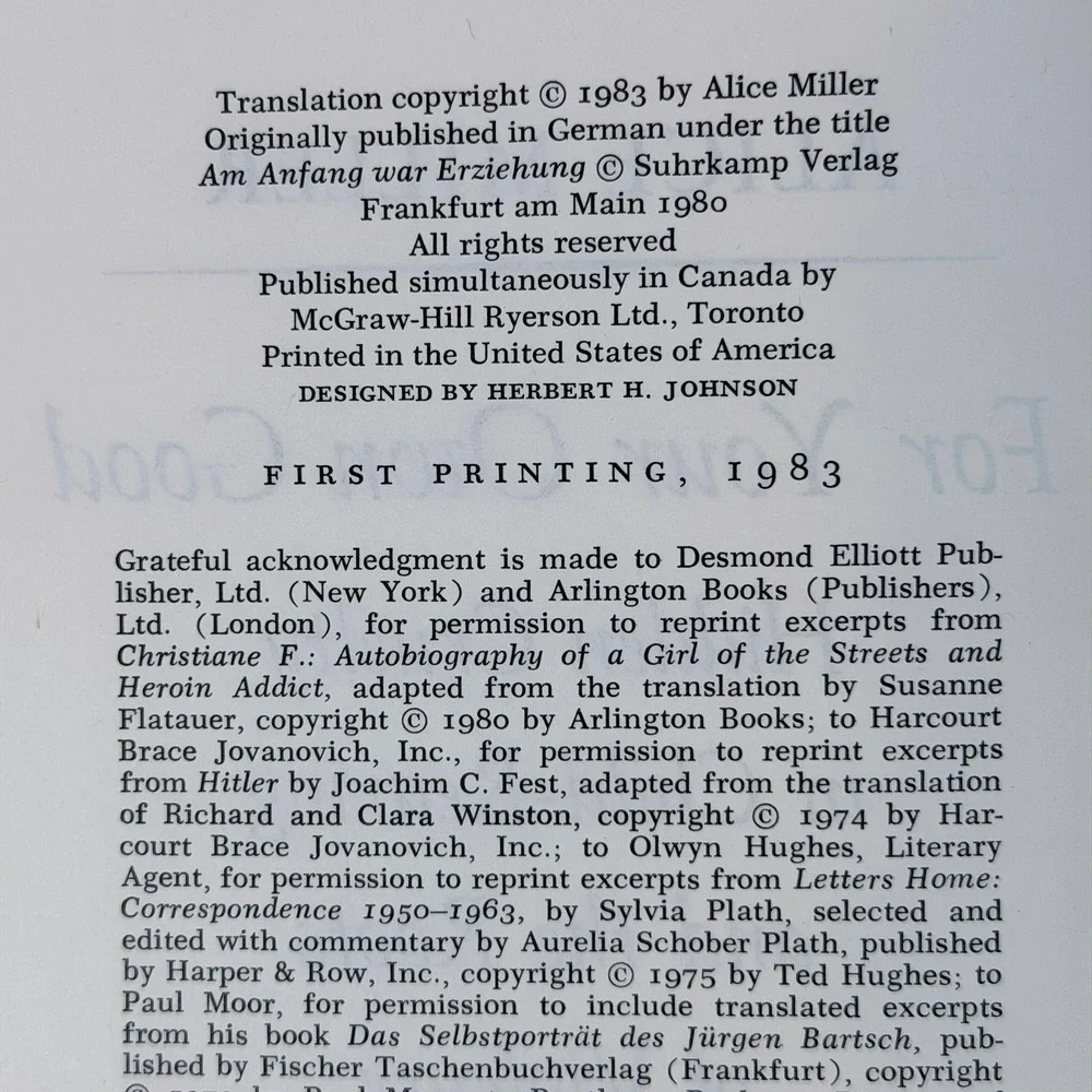 For Your Own Good Alice Miller Hardcover 1983 First Printing Psychology Book